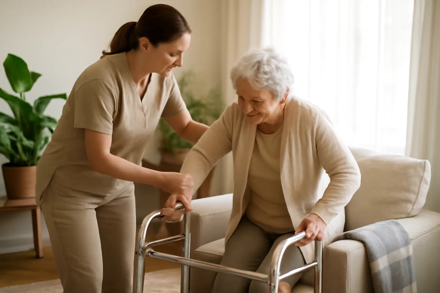 Caregiver assisting an elderly woman standing up in a home-style assisted living living room