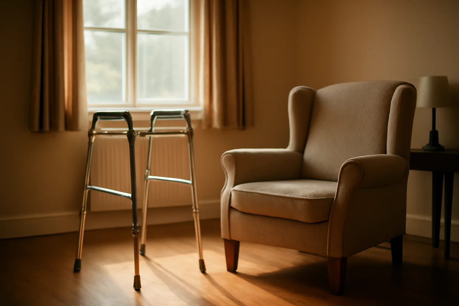 Sunlit living room in a small residential assisted living care home with an armchair and walker
