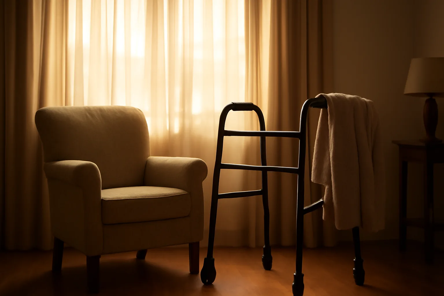 Sunlit living room in a small board and care home with an empty chair and walker