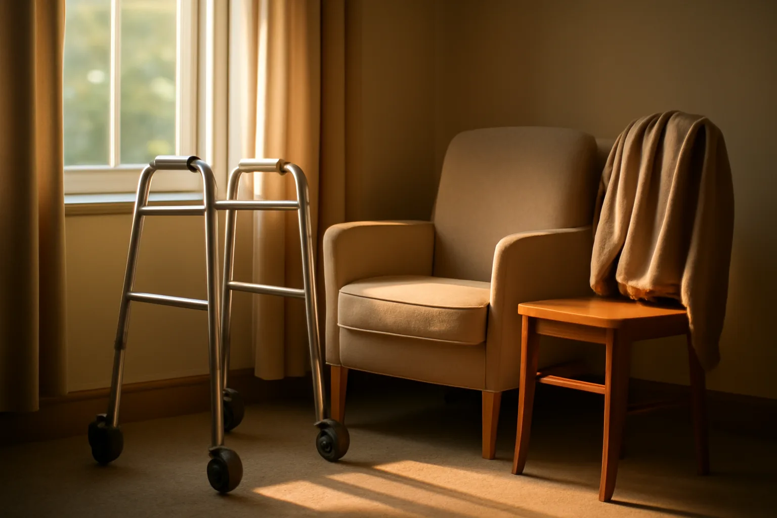Sunlit living room in a residential care home showing an armchair and walker near a window