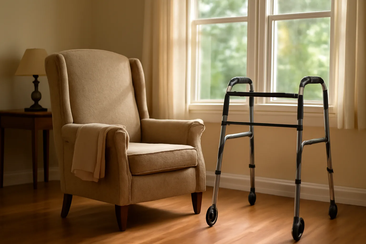 Sunlit living room in a small residential care facility with an armchair and walker