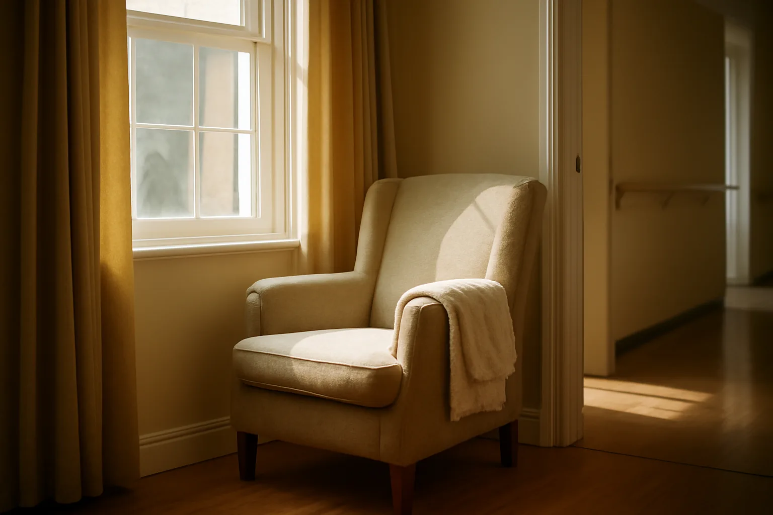 Sunlit living room in a residential assisted living home with empty armchair and hallway handrail