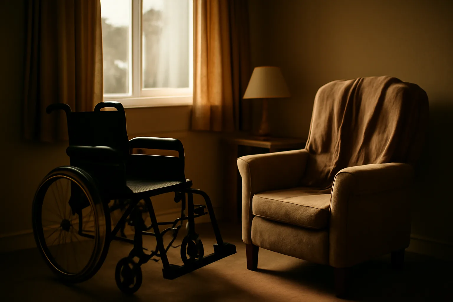 Quiet sunlit living room in a small licensed group home with an empty armchair