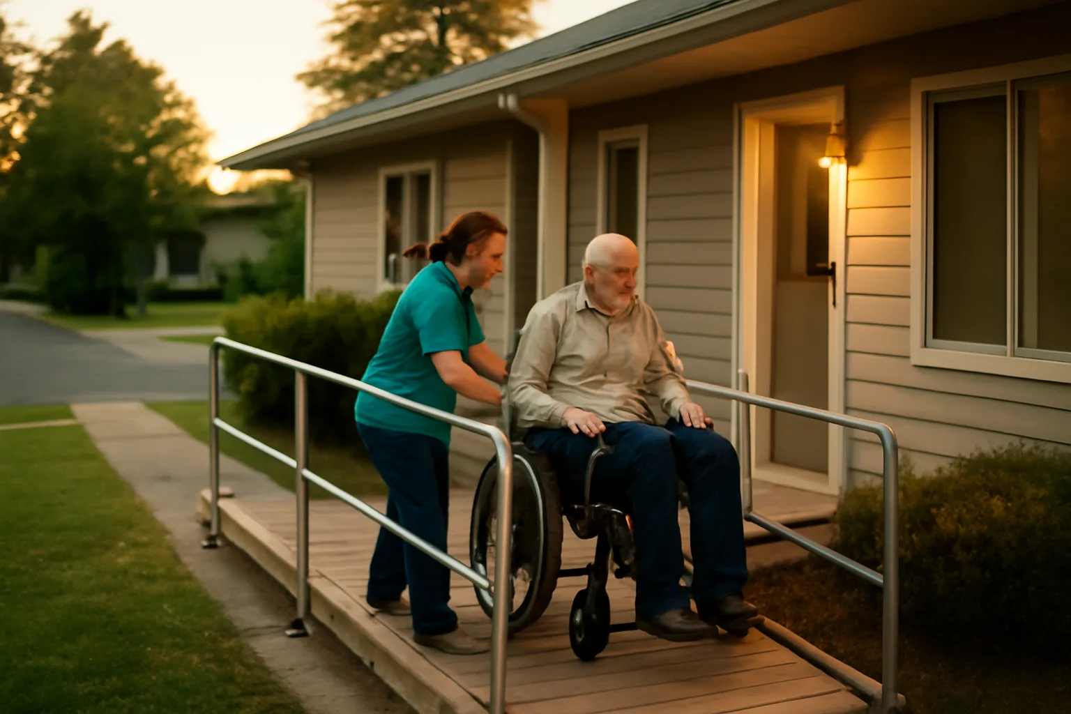 Caregiver assisting an older adult up a ramp outside a residential assisted living home