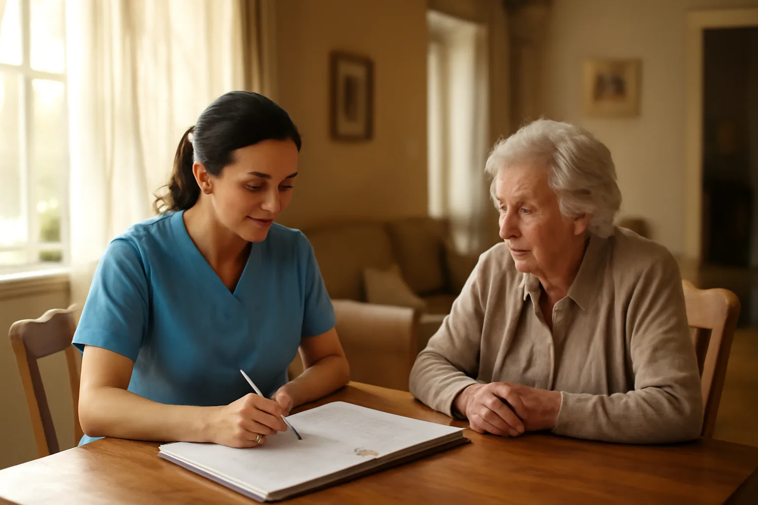 Caregiver and resident at a kitchen table in a residential assisted living home