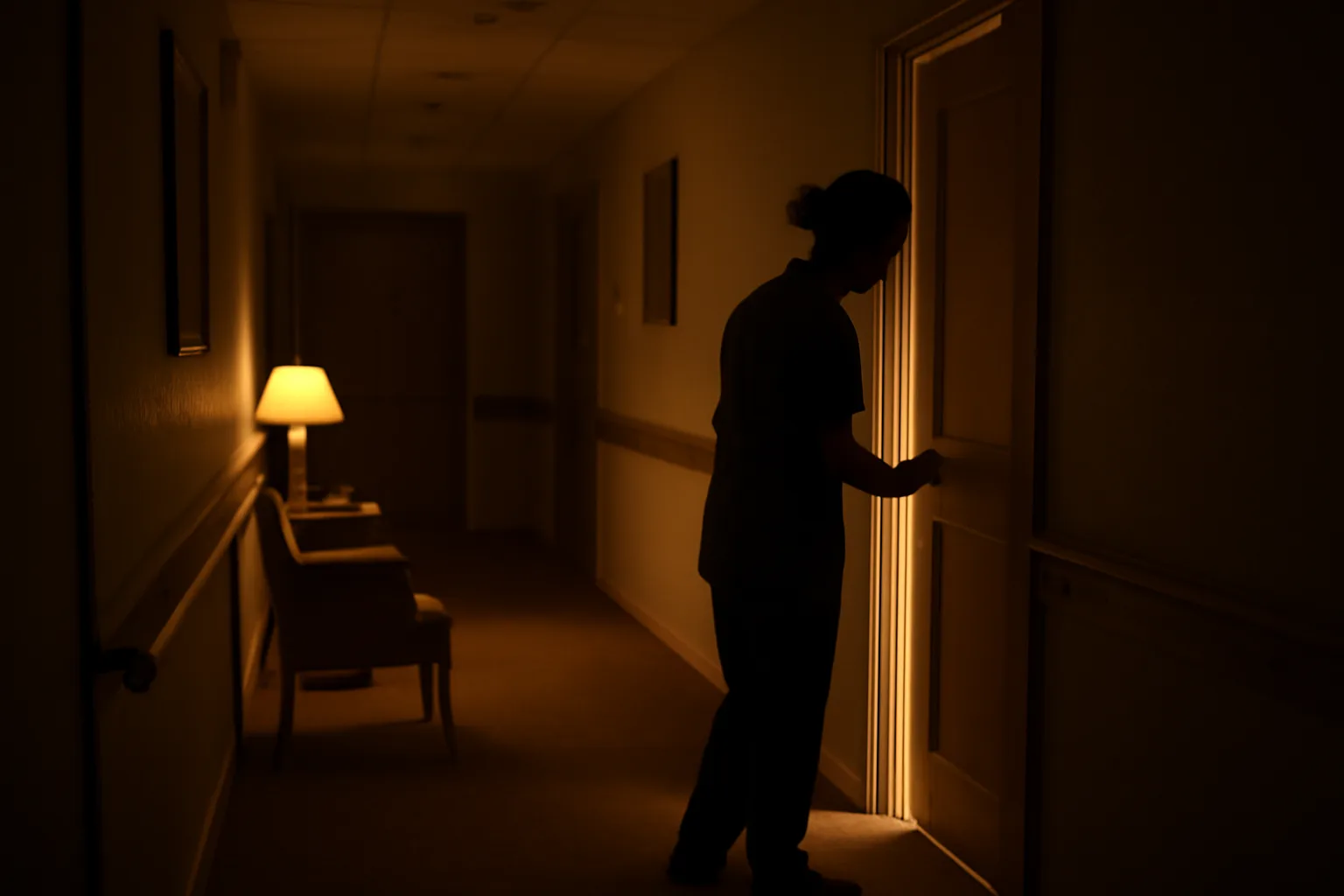 Caregiver checking on a resident's room during overnight hours in a small Texas assisted living home