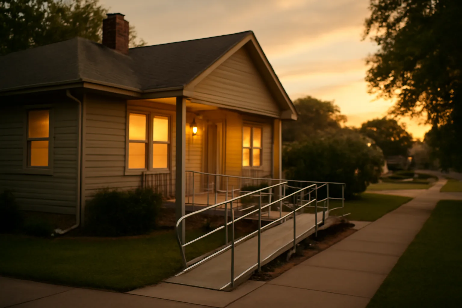 Small residential house with wheelchair ramp used for 24-hour assisted living care in Texas