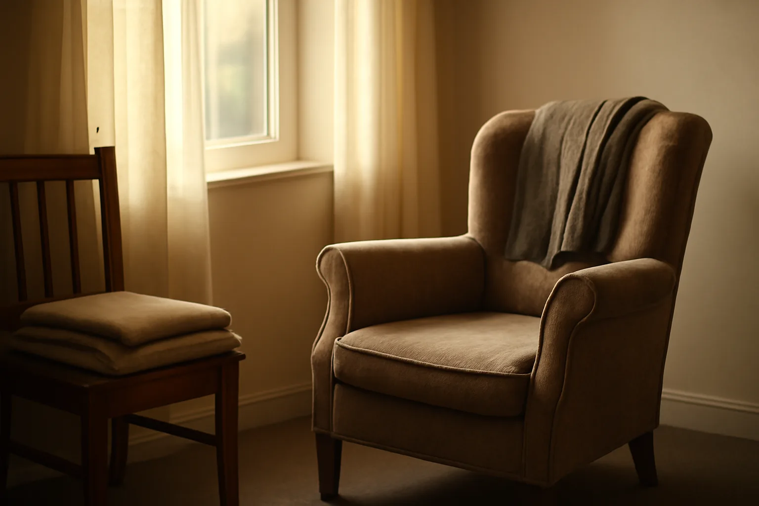 Sunlit living room in a small residential assisted living home with empty armchair