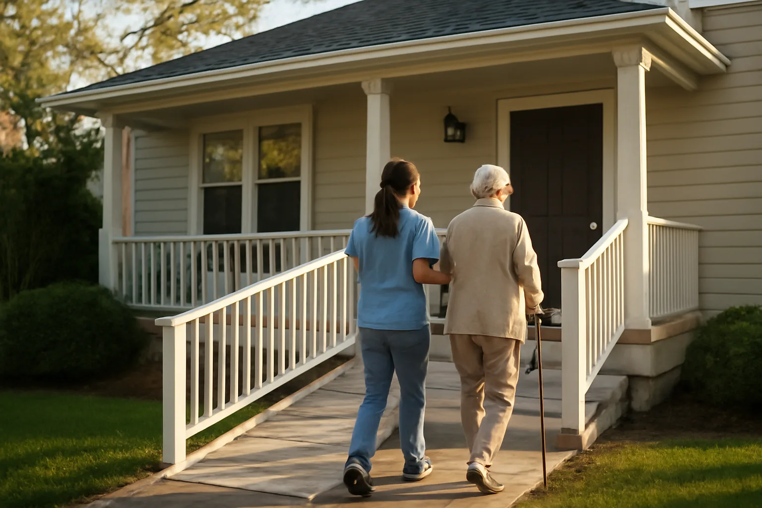 Residential assisted living style group home with ramp and porch in afternoon light