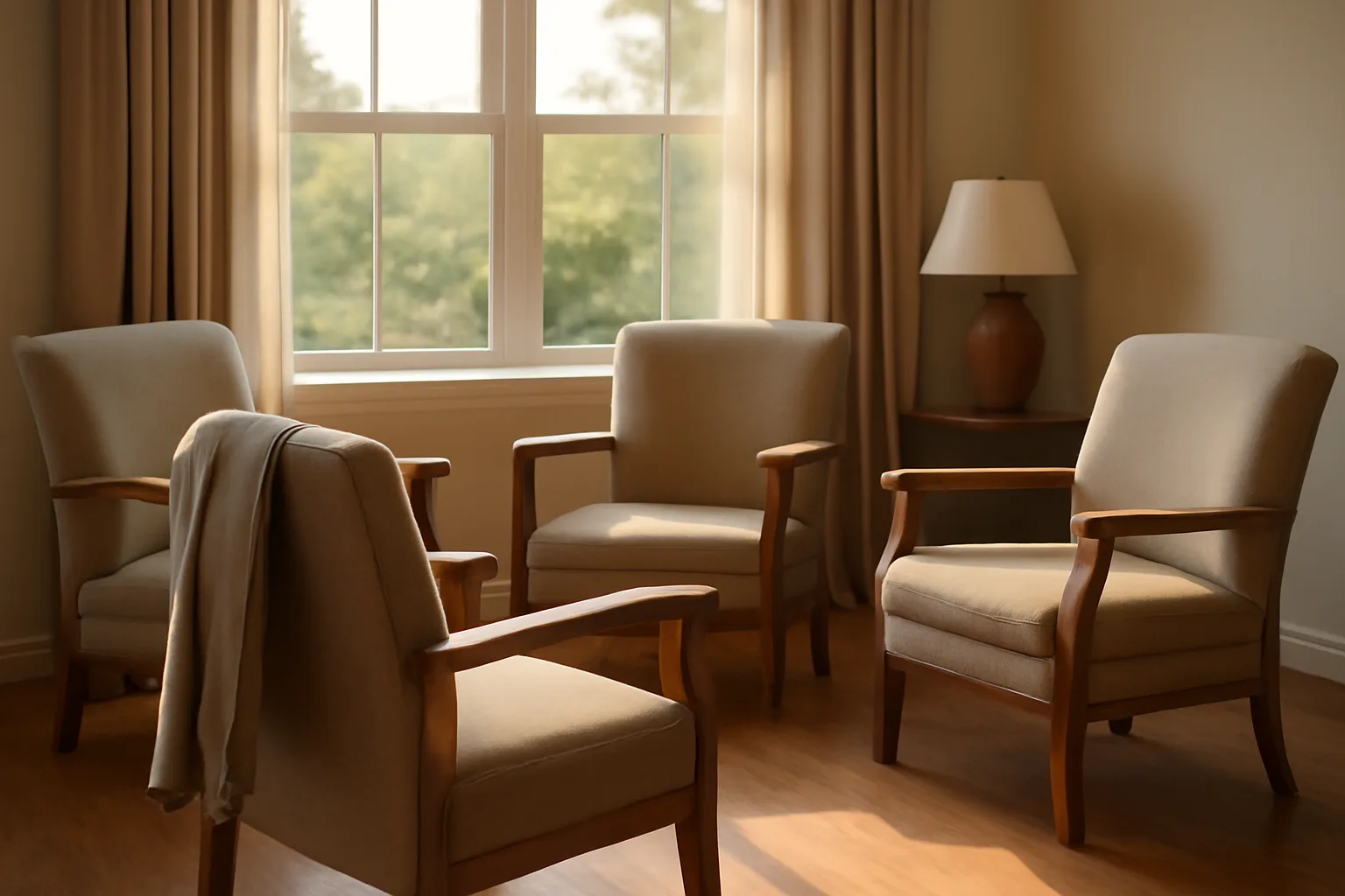Empty sunlit common room in an assisted living facility with armchairs by a window