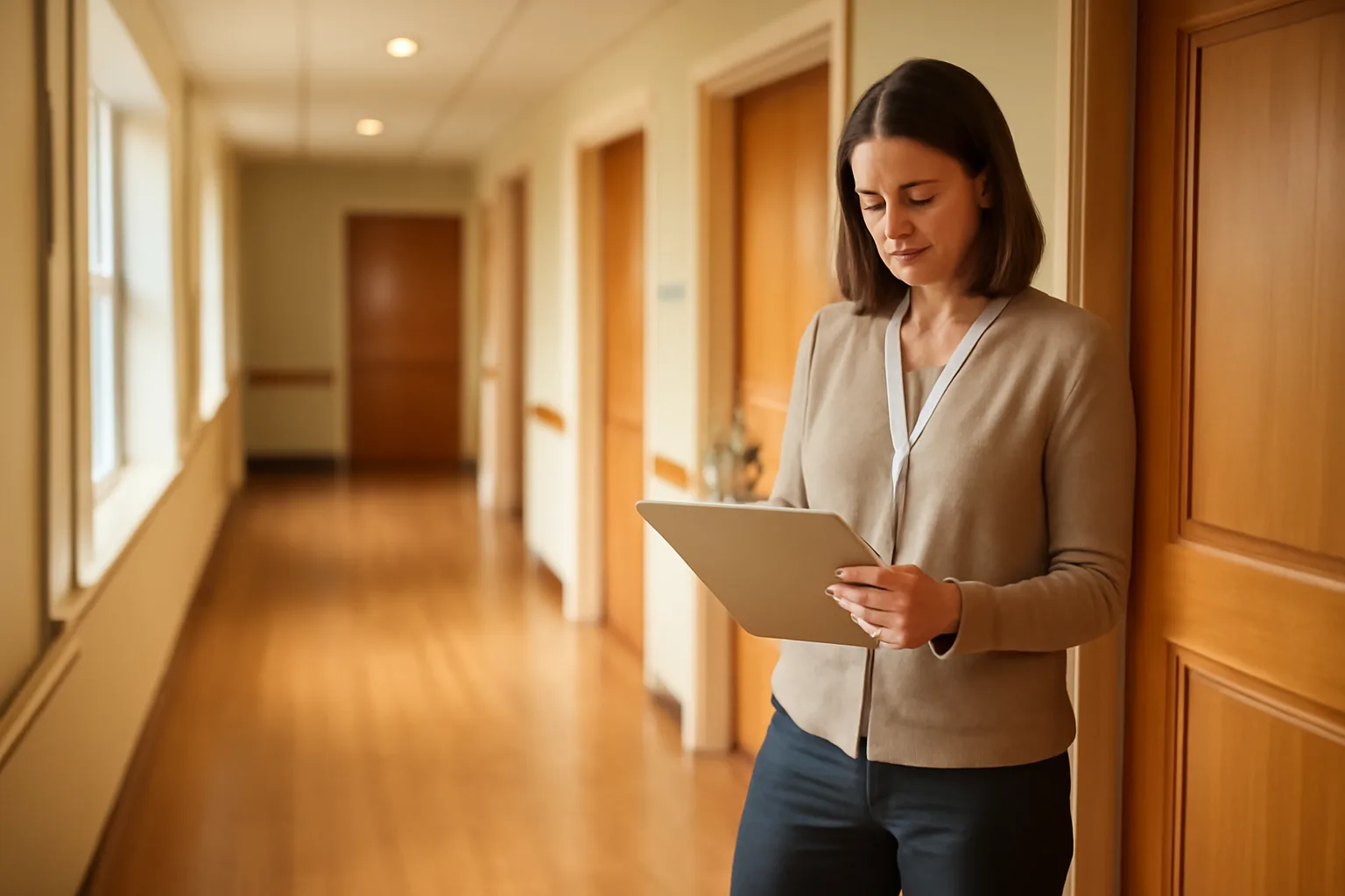 Administrator reviewing paperwork in a bright assisted living facility hallway