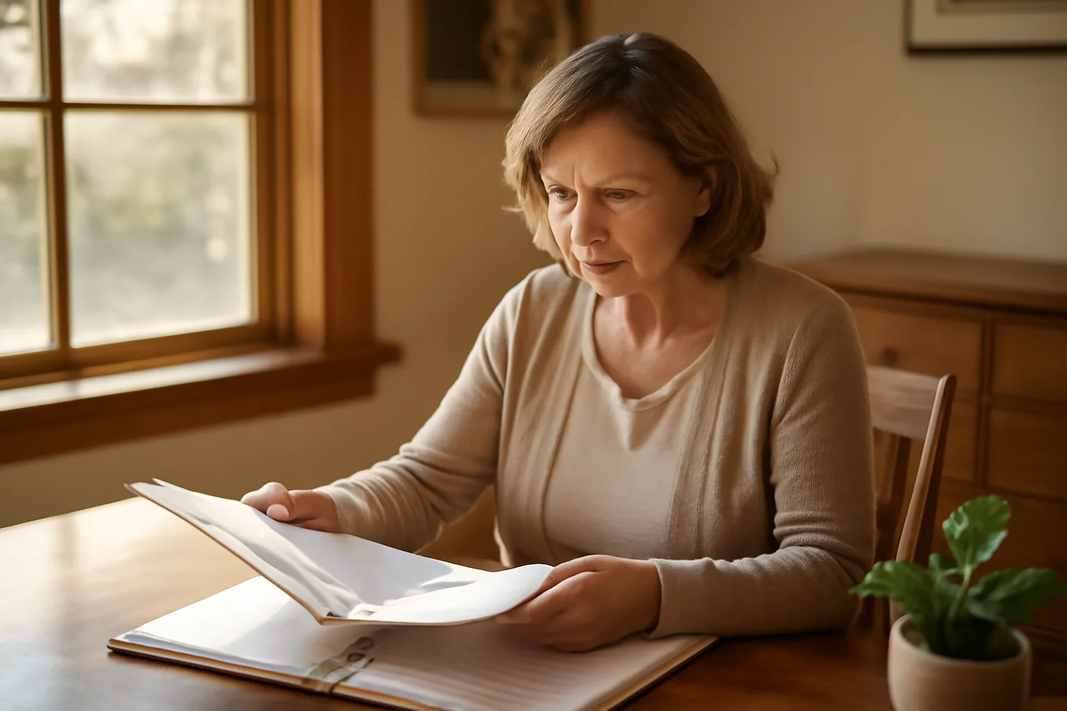 Administrator reviewing resident care documents at a desk in an assisted living home