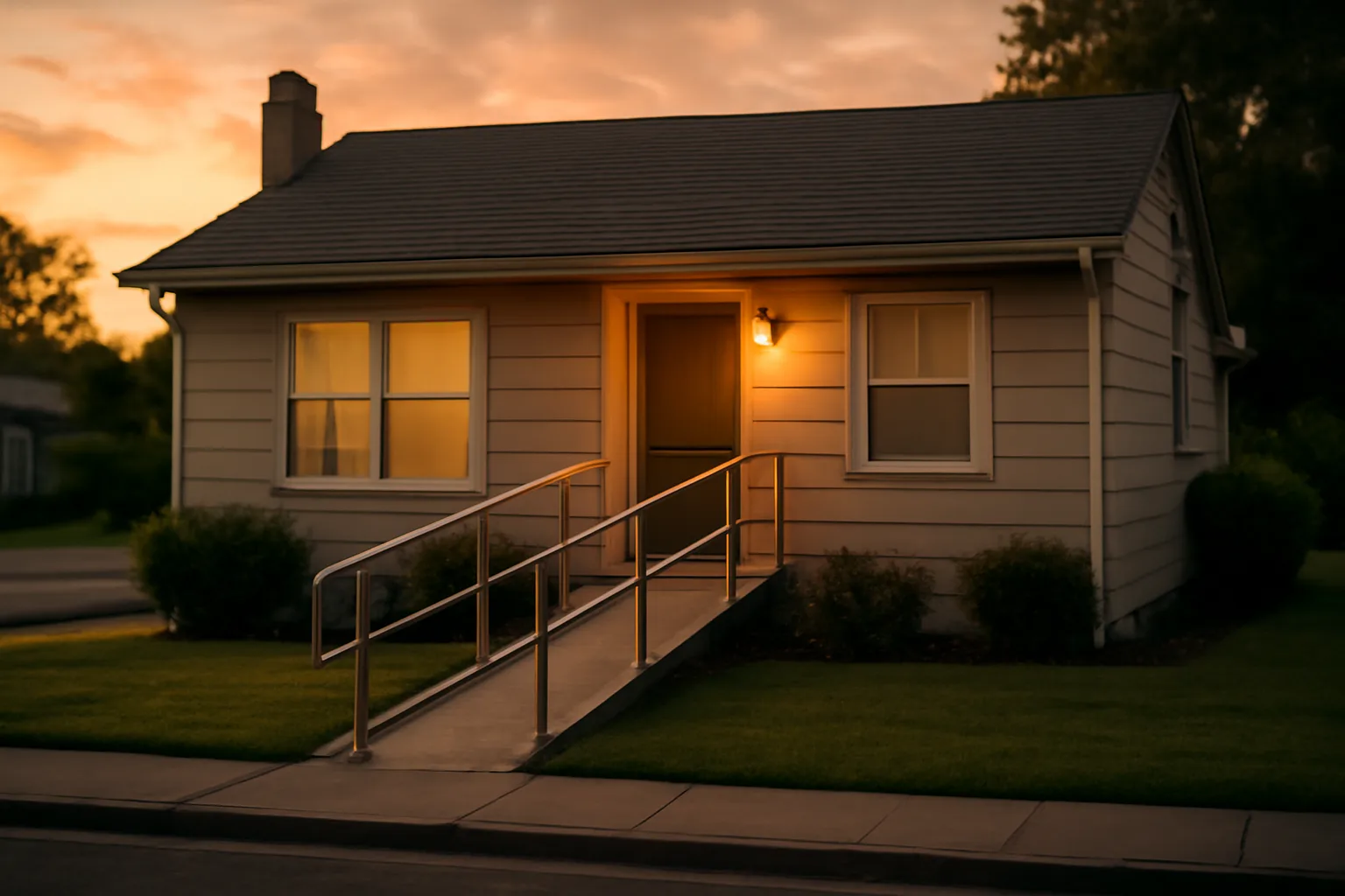 Suburban house with wheelchair ramp representing licensed adult group home housing