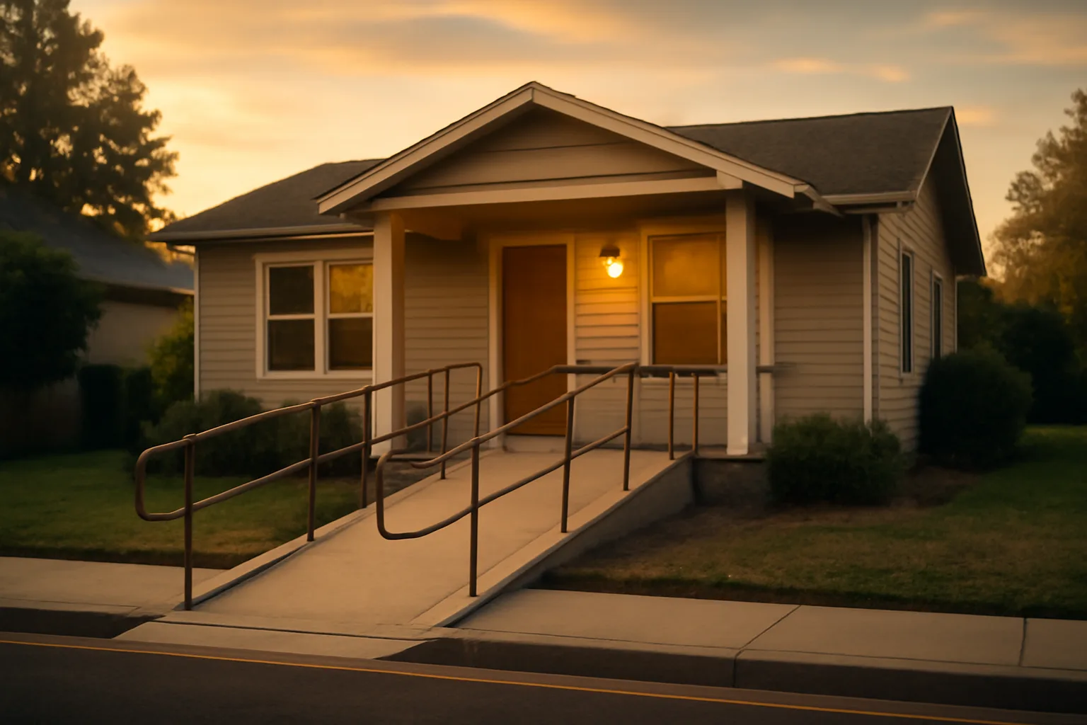 Residential home exterior with wheelchair ramp representing adult group home requirements