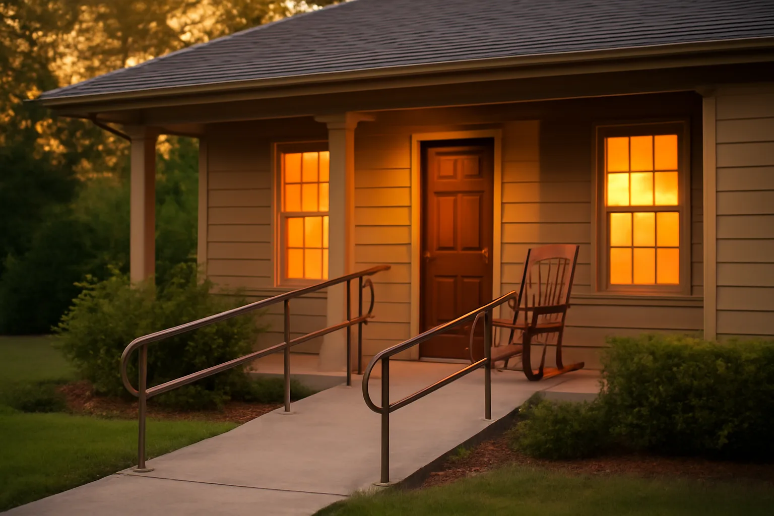 Residential assisted living facility exterior with ramp, related to AHCA assisted living license application