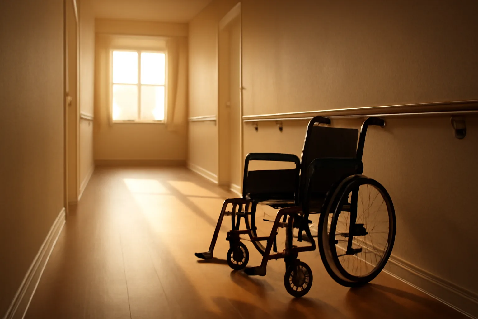 Sunlit hallway in an Alabama assisted living facility with handrail and wheelchair
