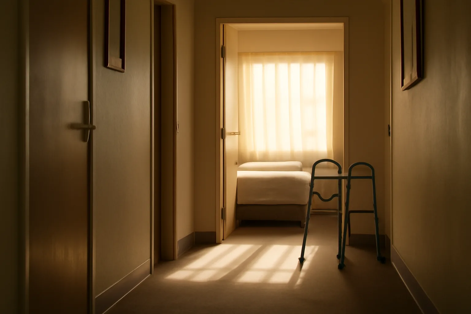 Sunlit hallway inside an Alabama assisted living facility with an open bedroom door