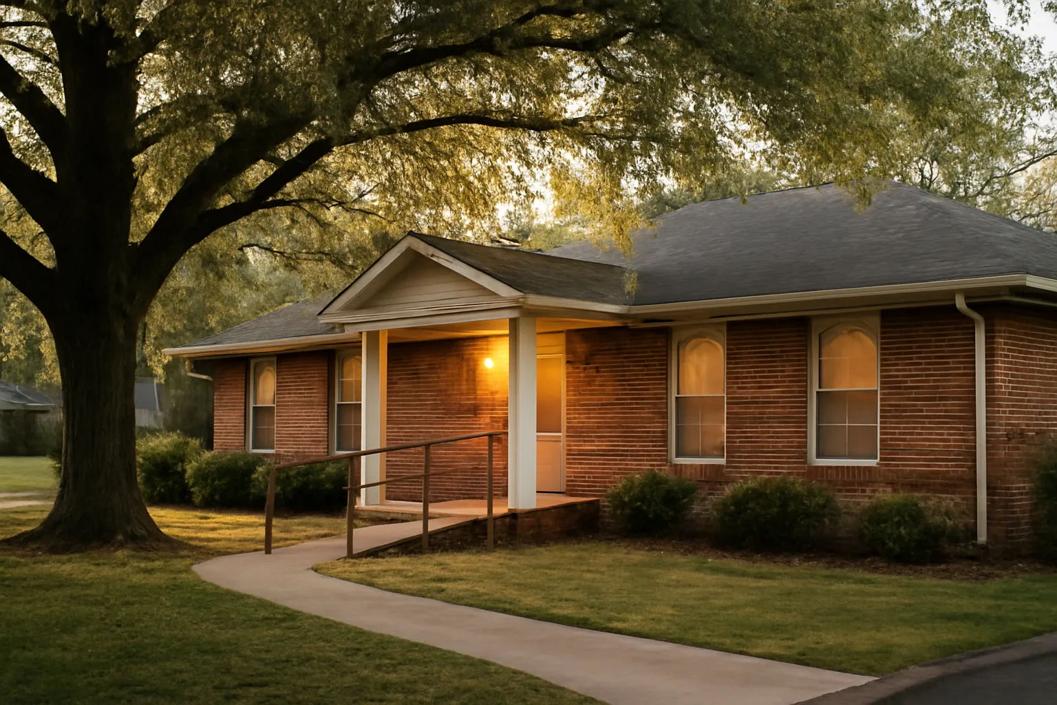 Single-story brick group home with wheelchair ramp in a residential Alabama neighborhood