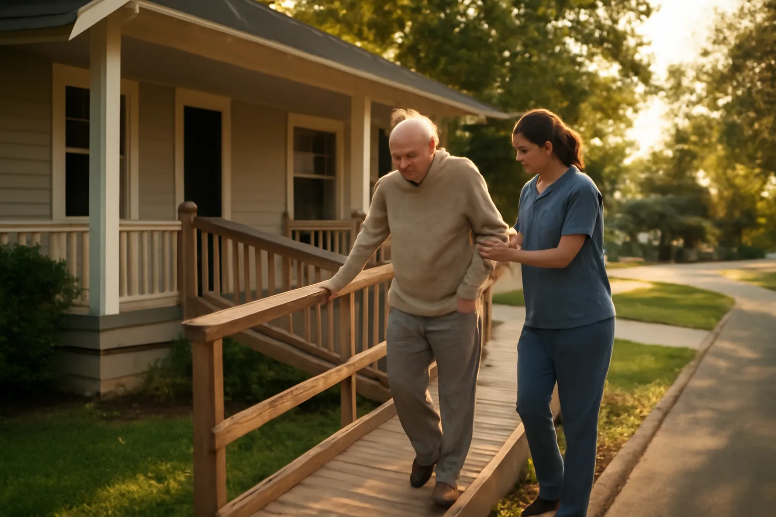 Caregiver assisting a senior down a ramp outside a residential assisted living home
