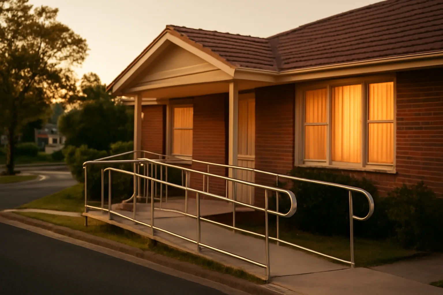 Small licensed residential care home exterior with wheelchair ramp at dusk