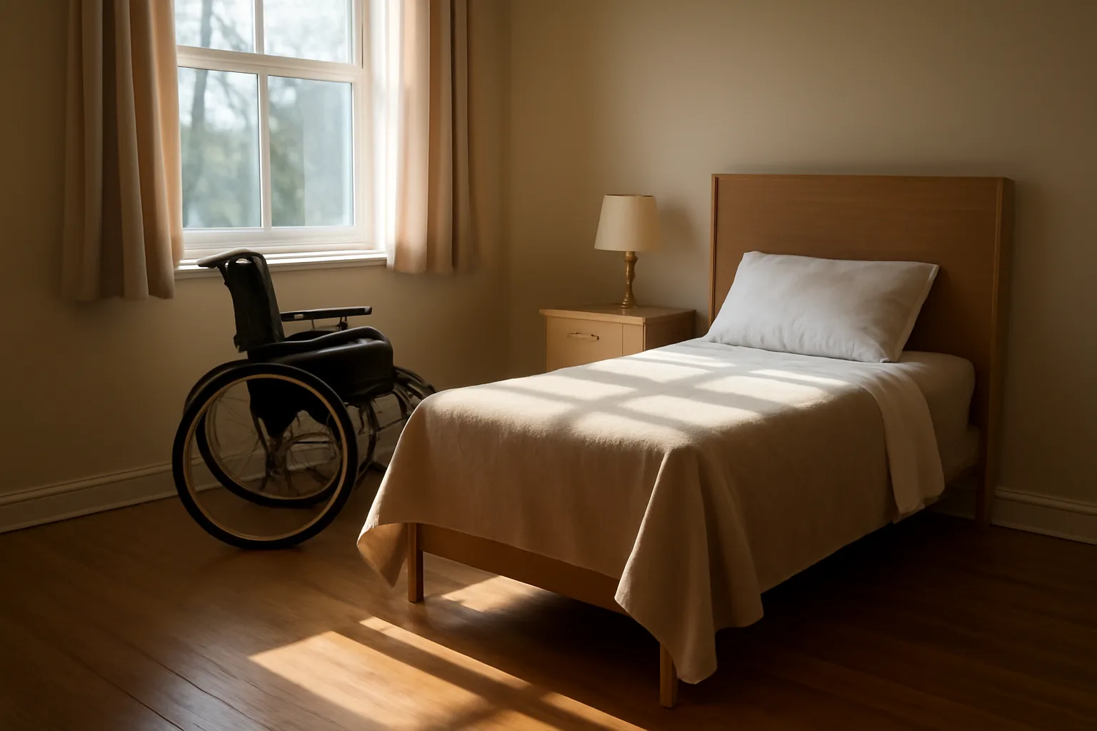 Sunlit private resident room in a licensed assisted living facility with a folded wheelchair by the window