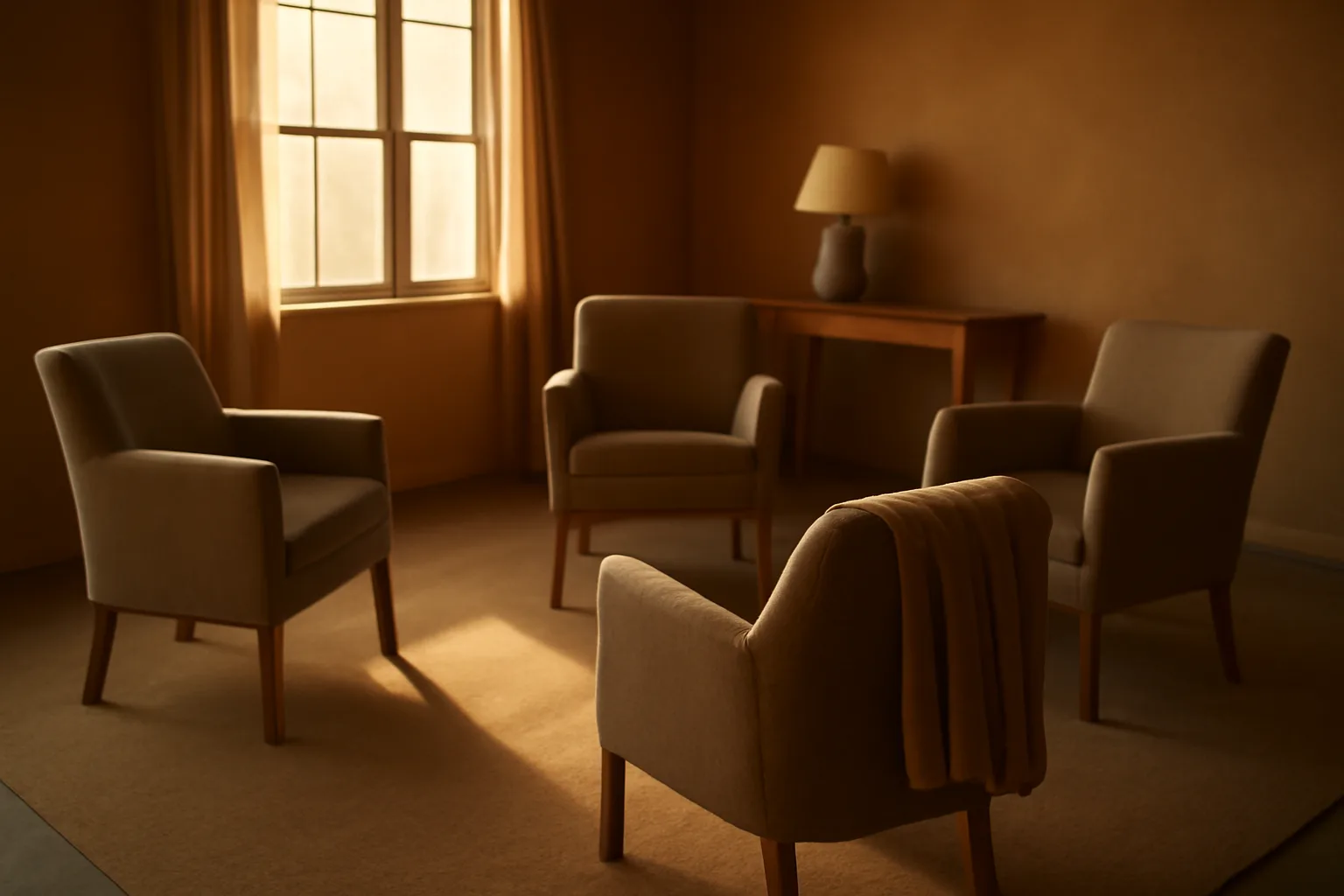 Sunlit living room in an Arizona assisted living home with empty seating arranged for residents