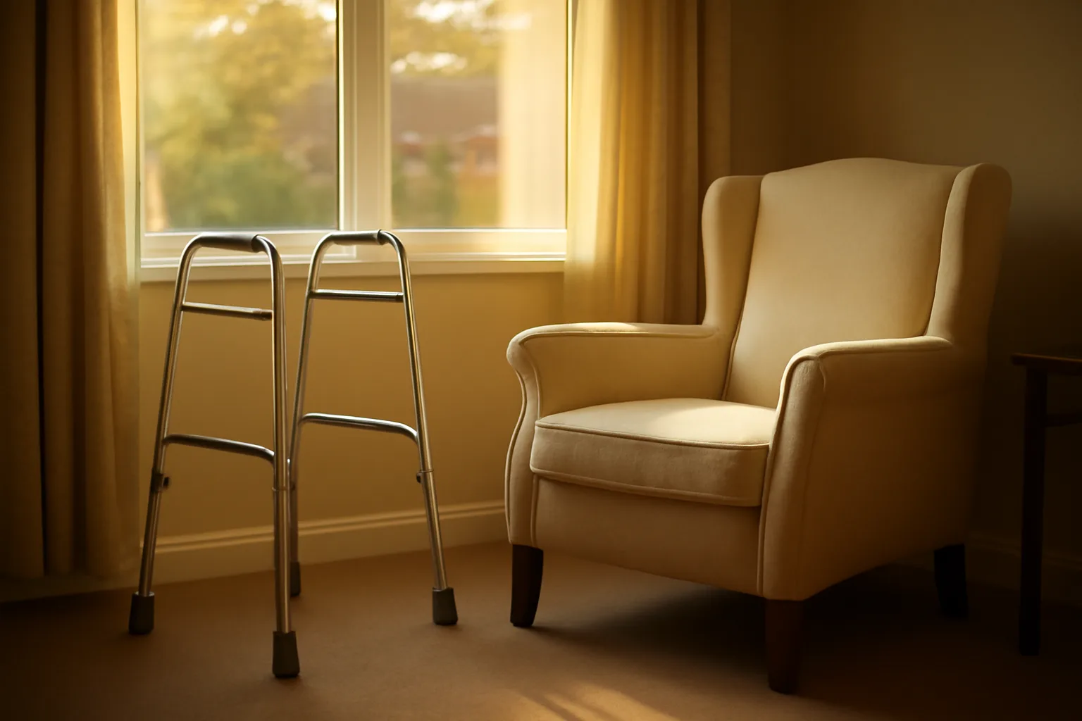 Empty sunlit living room in an assisted living home with a walker by the window