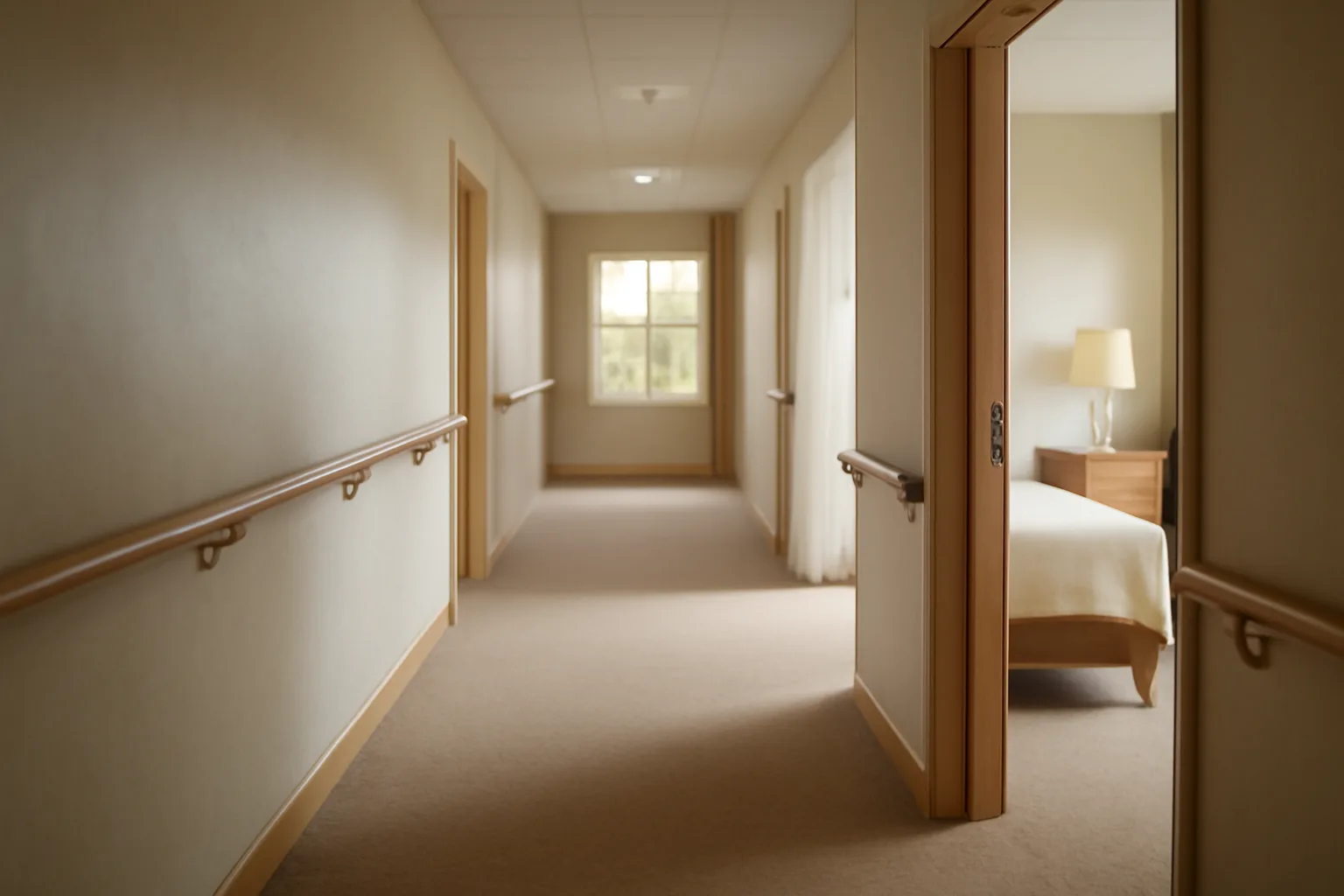 Bright hallway inside an assisted living facility with handrails and natural light