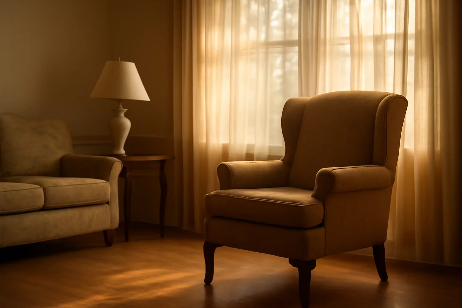 Sunlit living room in a Georgia residential care home with an empty armchair