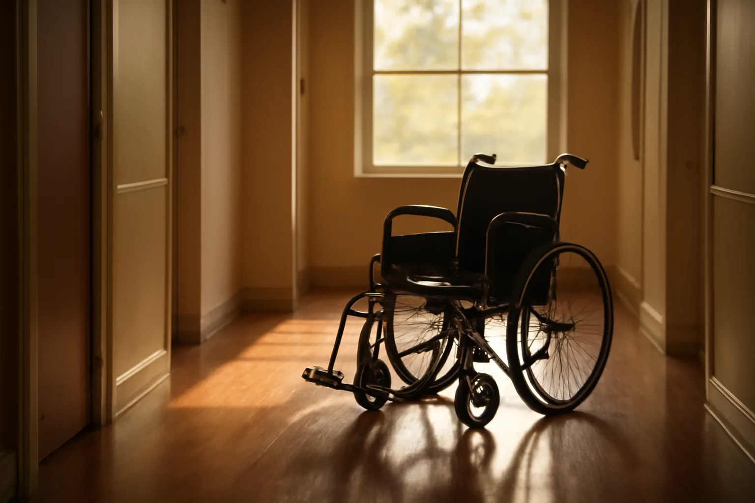 Sunlit hallway inside a residential assisted living facility with an empty wheelchair