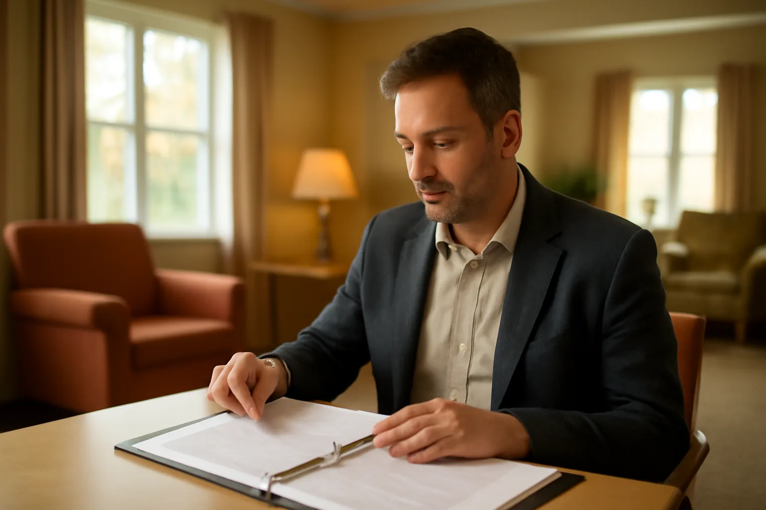 Administrator reviewing care plan binder in a Kansas assisted living common room