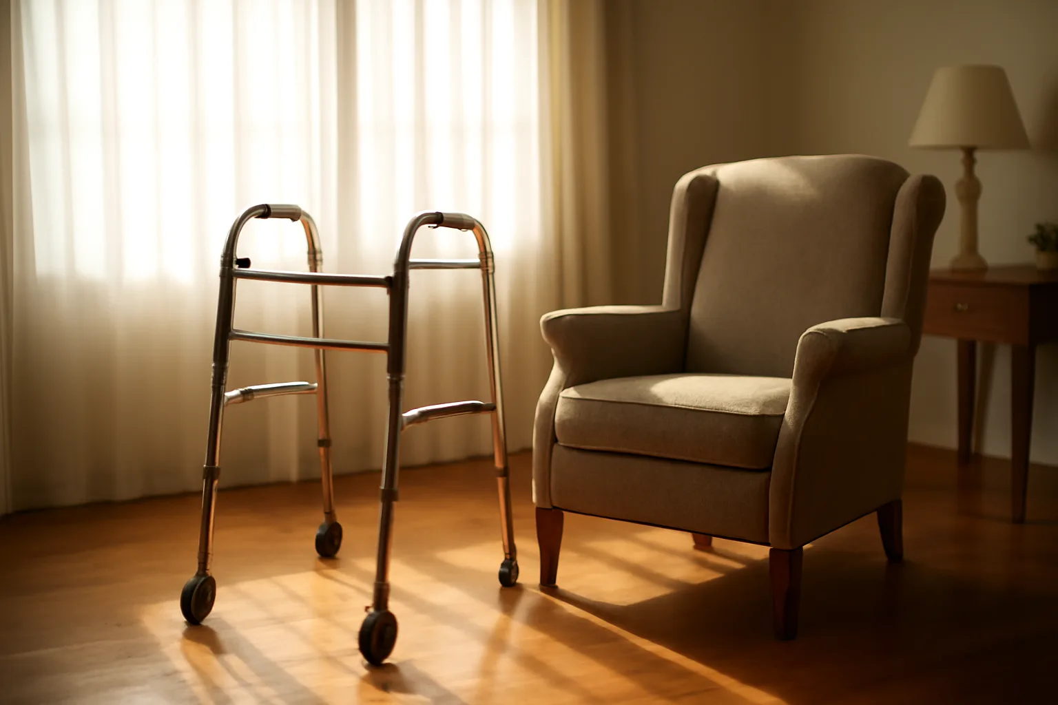 Sunlit living room in a Nebraska assisted living home with an empty armchair and walker