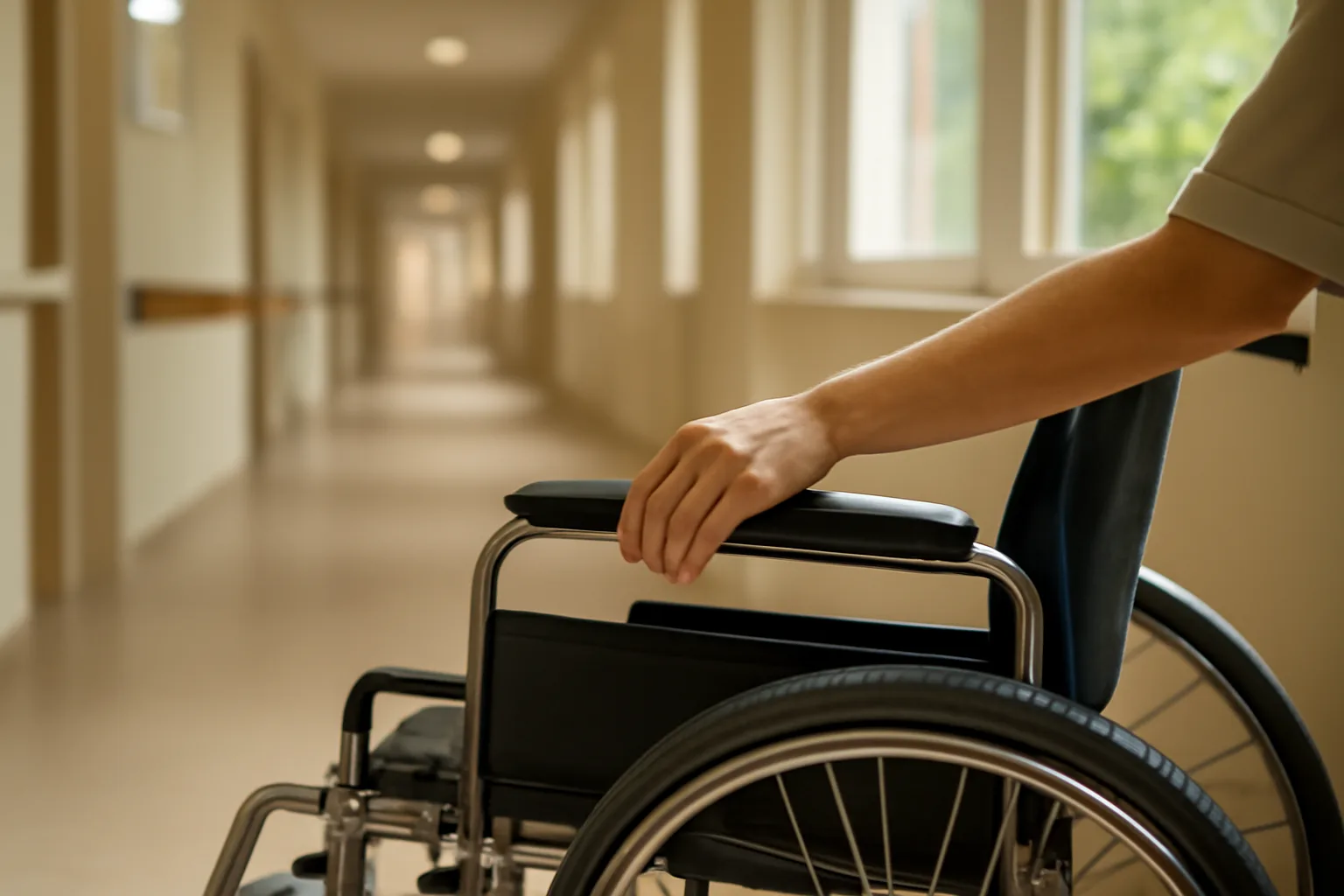 Caregiver assisting a resident in a sunlit assisted living facility hallway