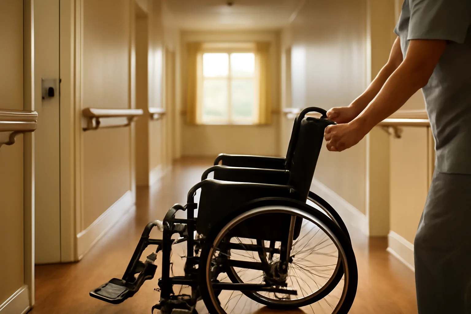 Bright hallway in a Tennessee assisted living facility with handrails and morning light