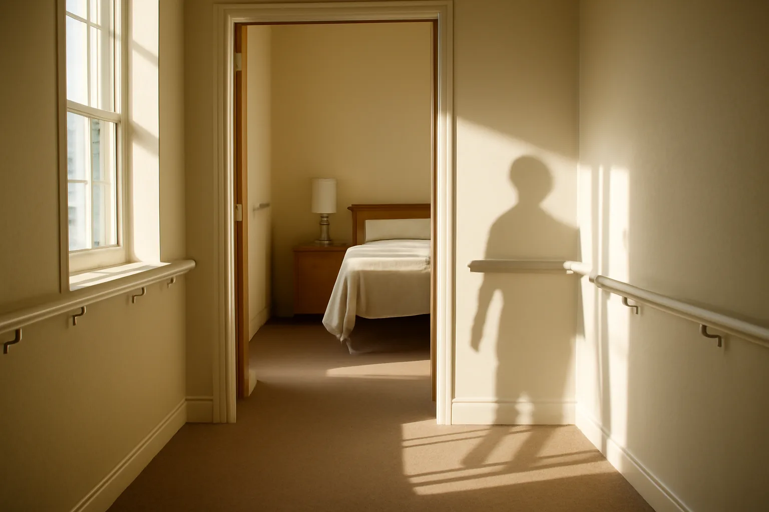 Bright hallway inside a licensed assisted living residence with handrails and open bedroom door