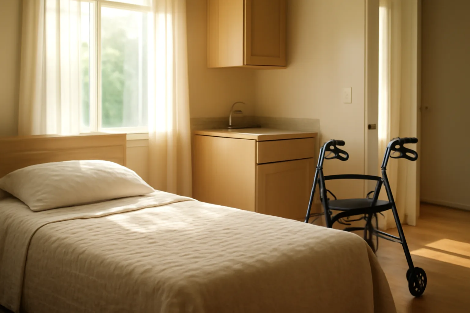 Sunlit private apartment unit inside an assisted living apartments building with kitchenette