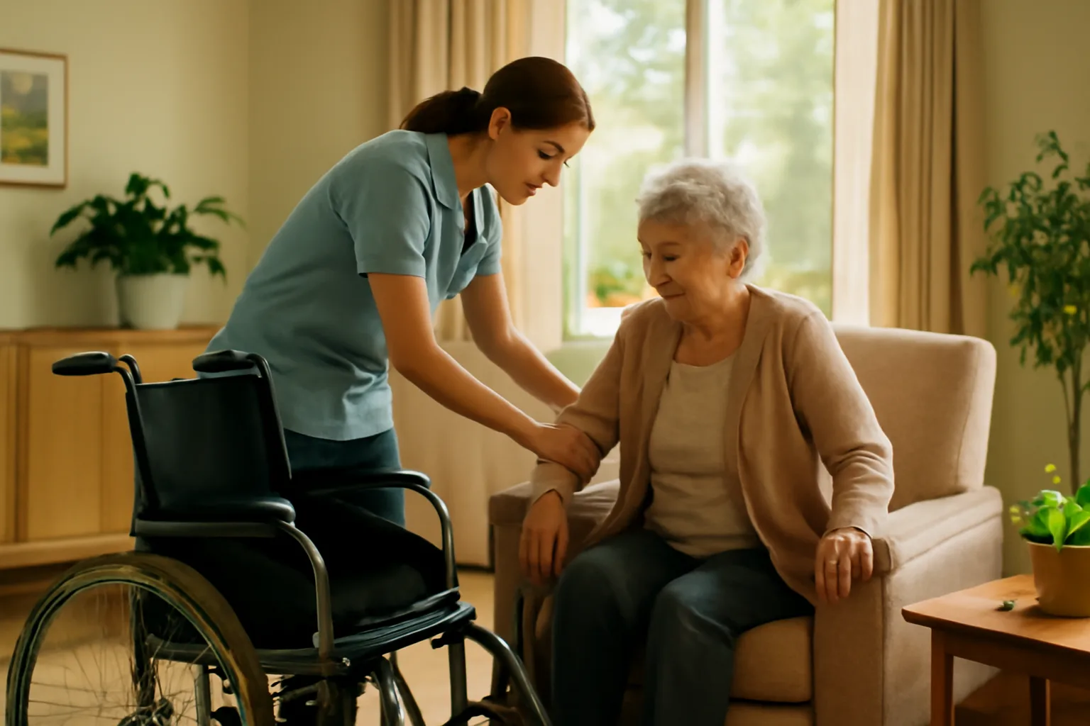 Caregiver helping an elderly resident inside a sunlit assisted living center common room