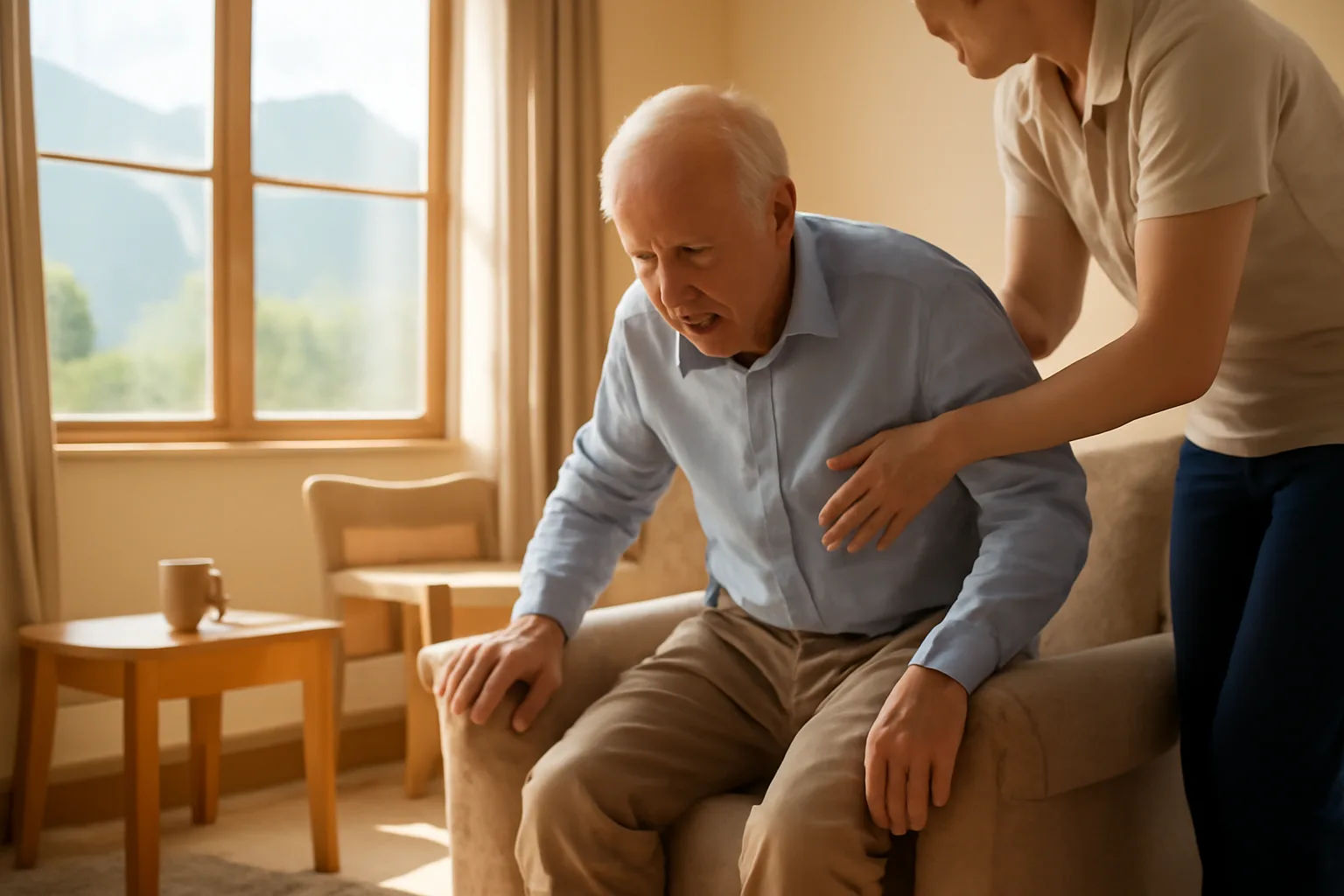 Caregiver helping an older adult stand in a sunny Colorado assisted living residence living room