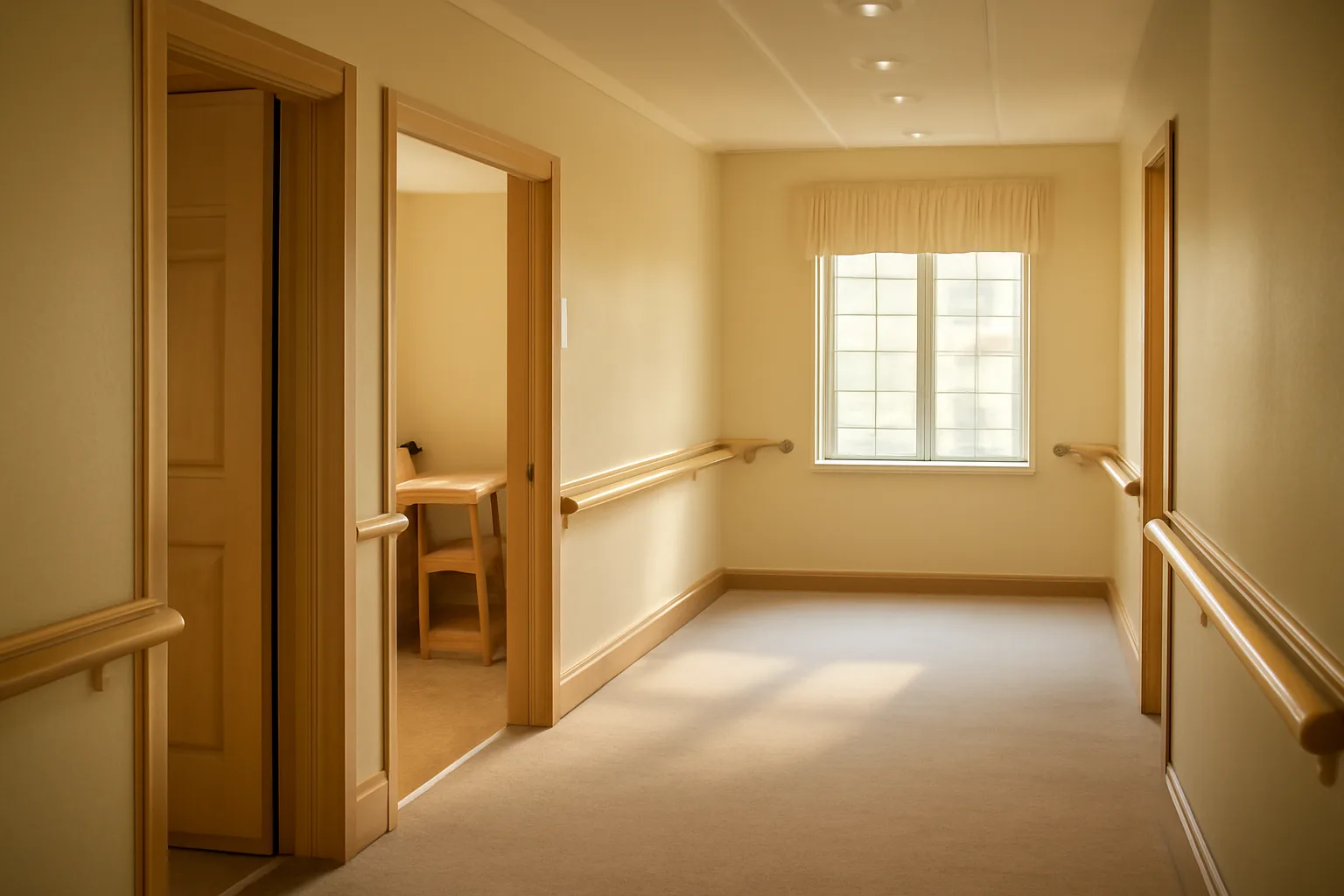 Bright hallway inside a Minnesota assisted living facility near an administrator's office