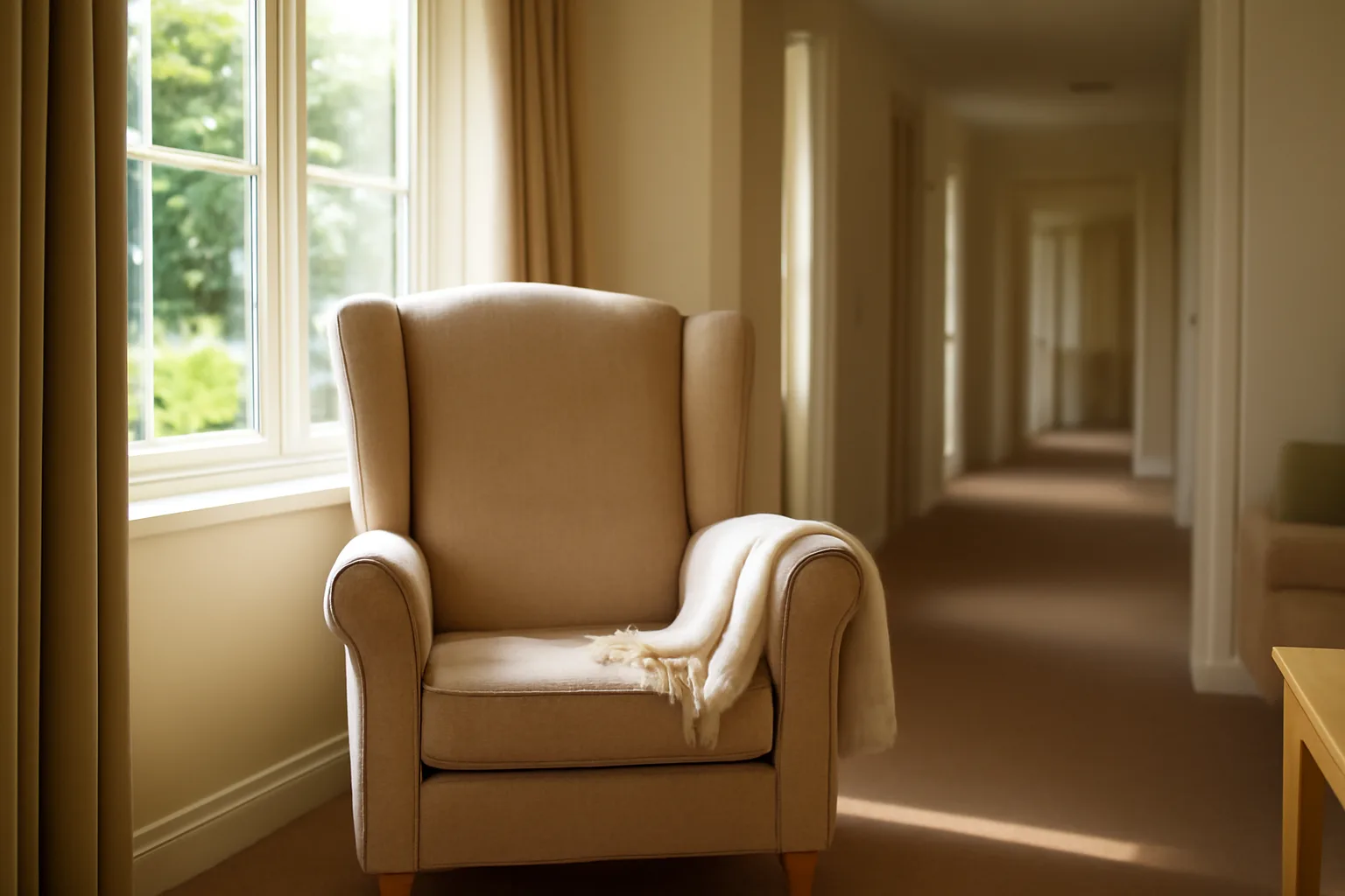 Sunlit living room in a residential assisted living home with empty armchair