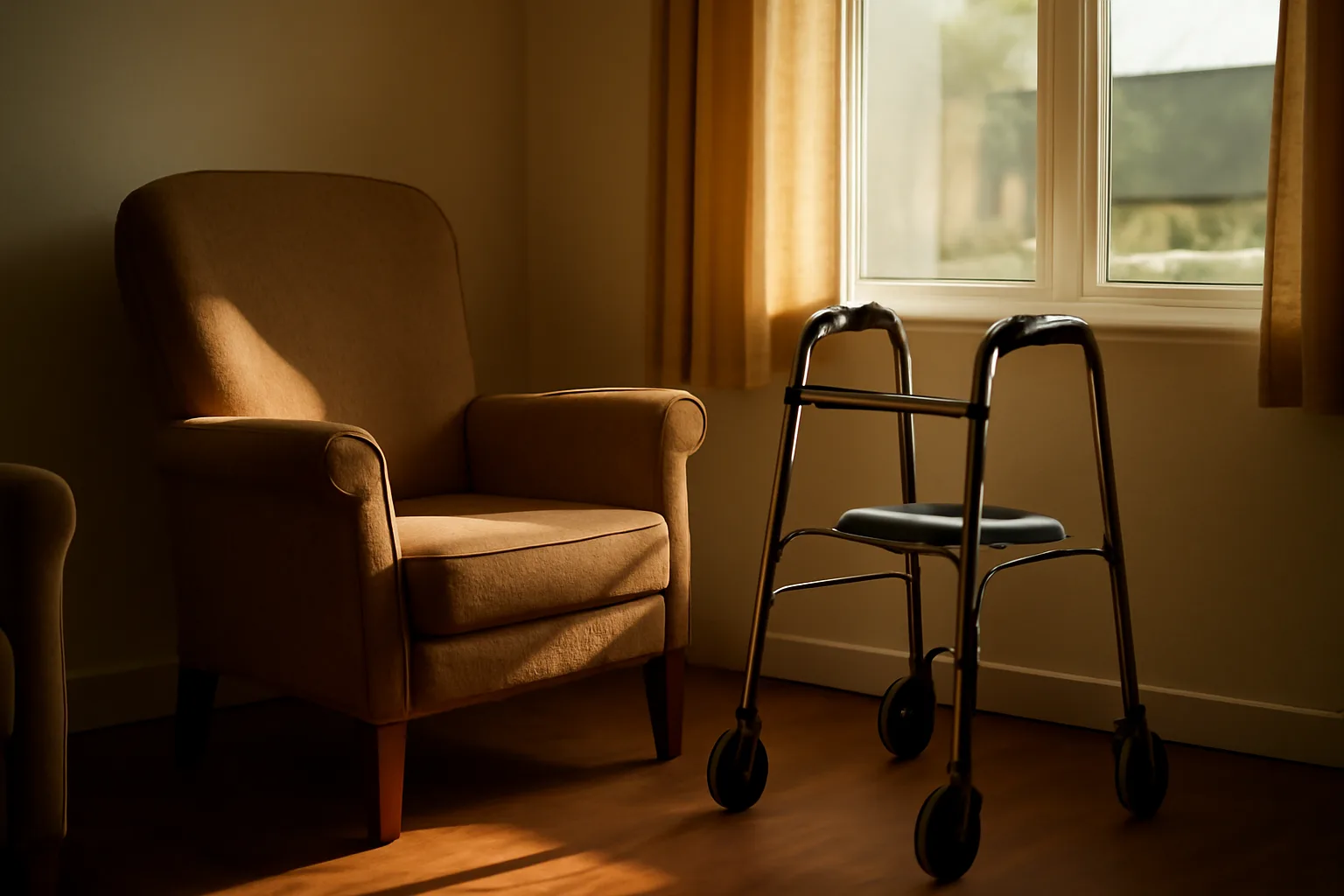 Sunlit living room in an Arizona assisted living facility with an empty armchair and walker