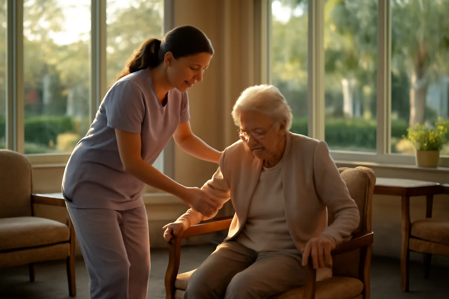Caregiver helping an elderly resident in a sunlit Florida assisted living facility common room