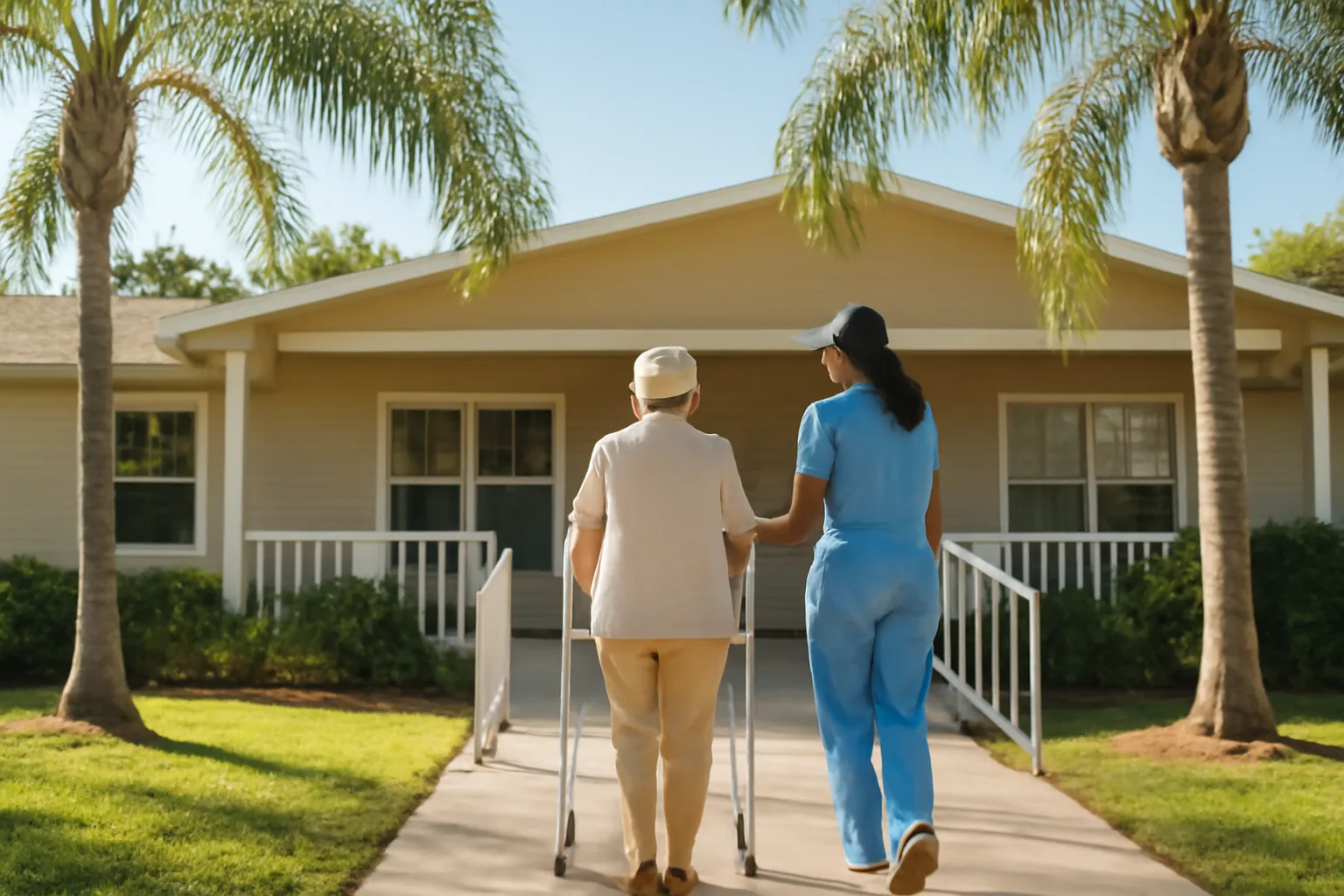 Caregiver assisting an older adult outside a Florida assisted living facility home