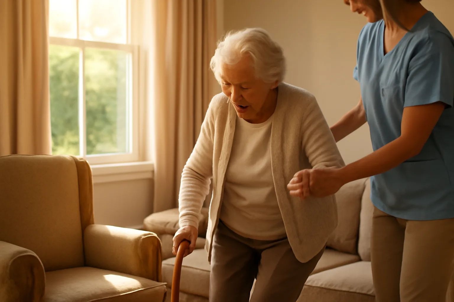 Caregiver assisting an elderly resident in a Virginia assisted living facility living room