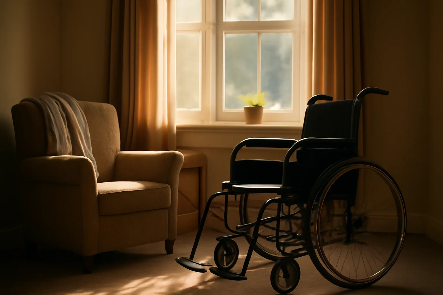 Sunlit living room in a licensed assisted living facility with an empty wheelchair