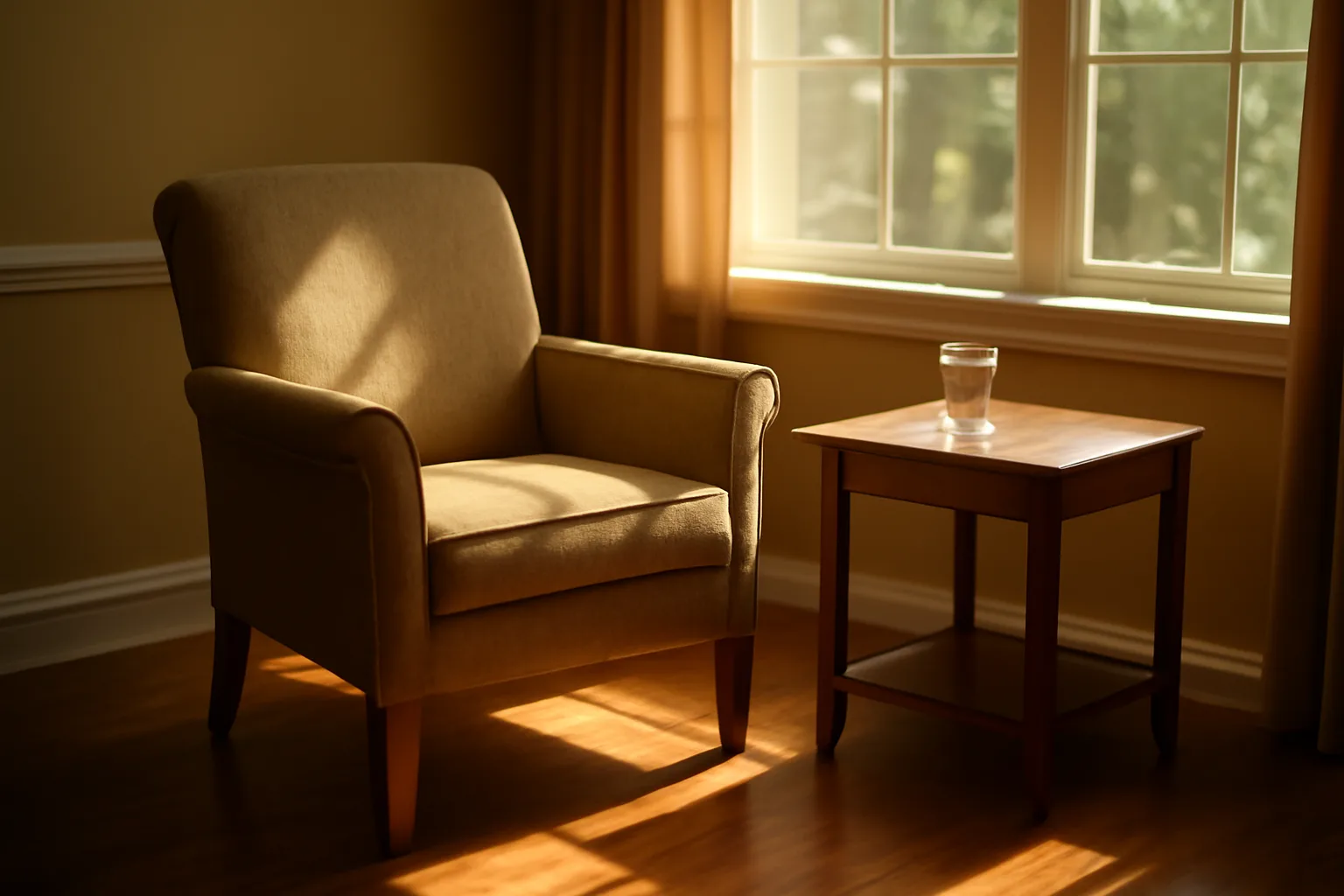 Sunlit common room in a Florida assisted living facility near Orlando with empty armchair