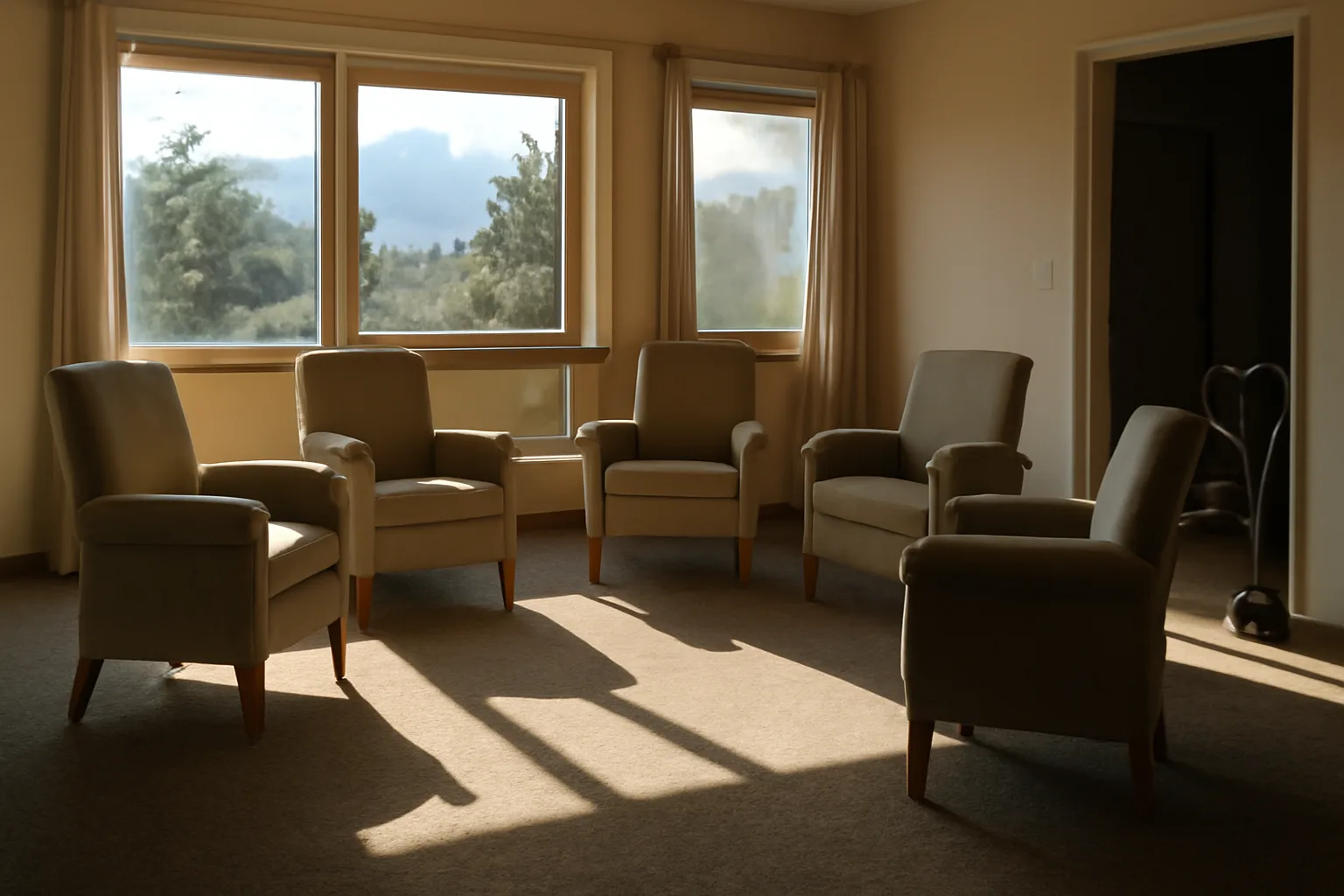 Empty living room in a Colorado assisted living residence with mountain daylight and a walker by the door