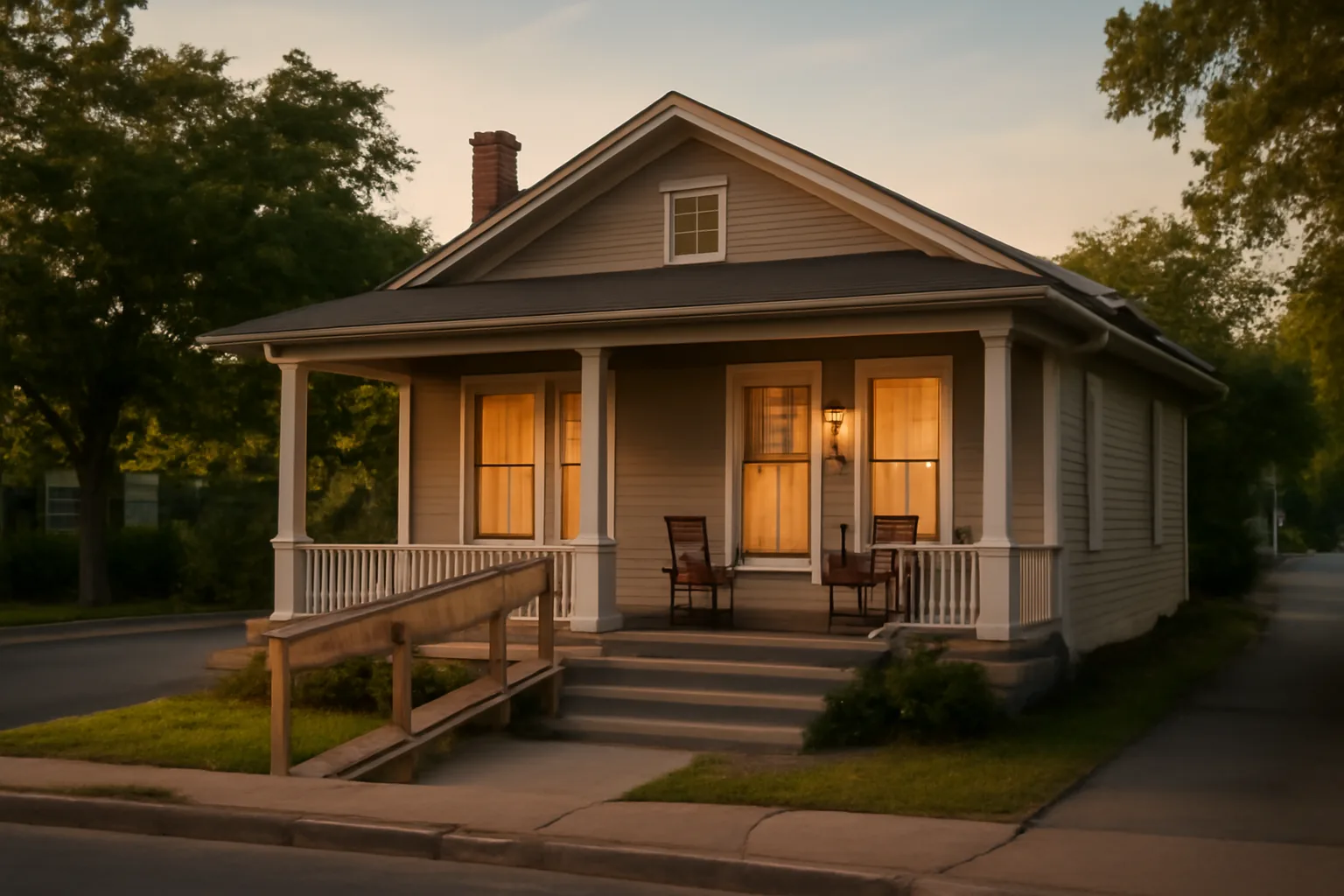 Single-family style house converted for assisted living, porch and accessibility ramp visible