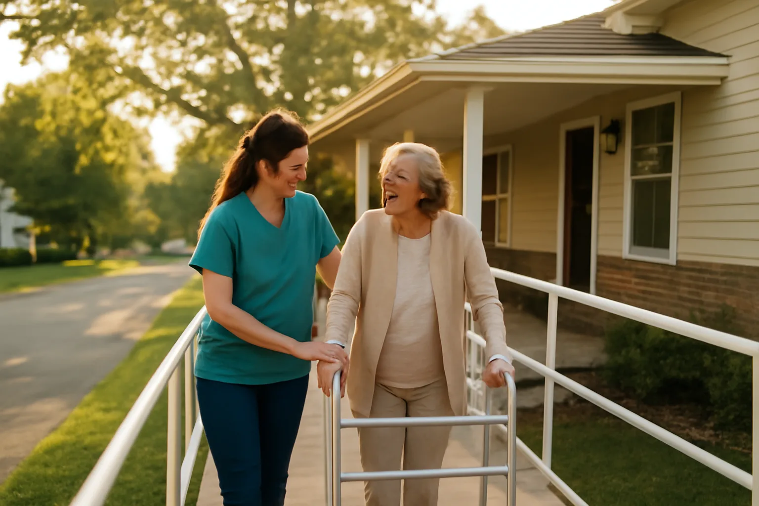 Caregiver helping a senior resident down a ramp outside a converted assisted living home