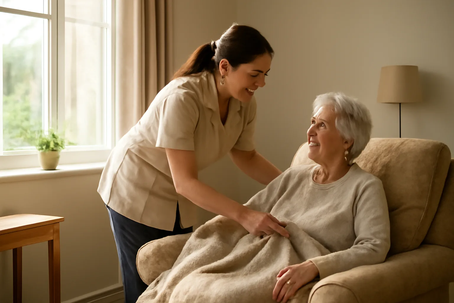 Caregiver helping an older adult in a sunlit assisted living home living room